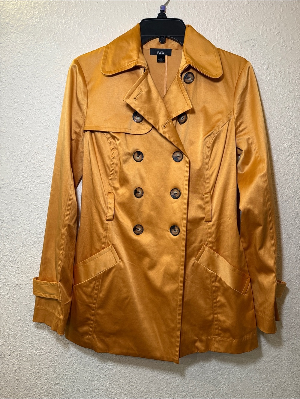 BCX Women's Double-Breasted Satin Trench Coat in Mustard Gold